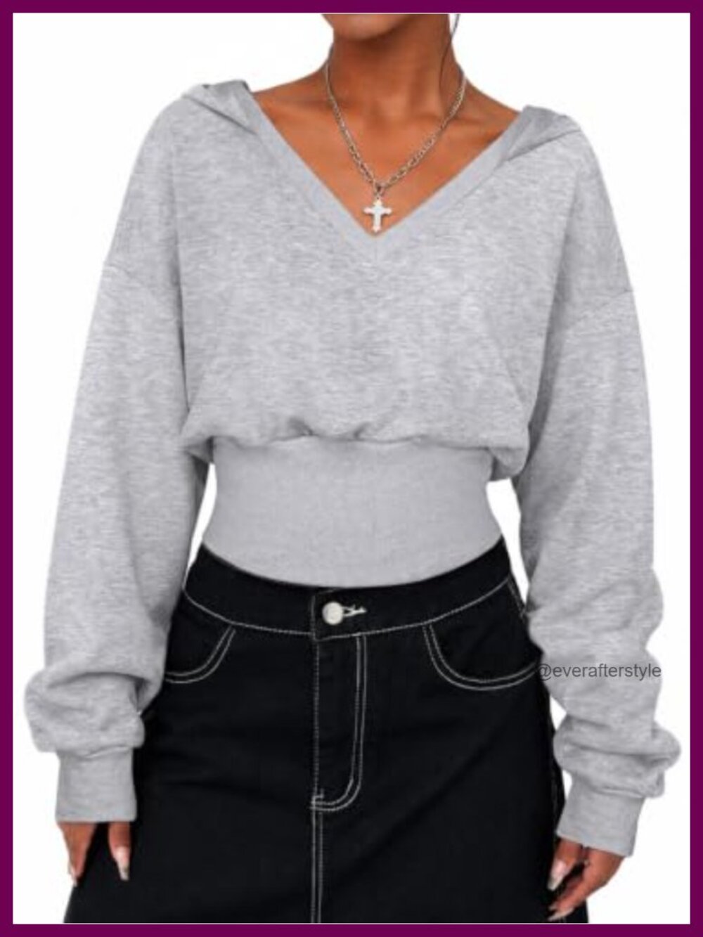 Women V Neck Cropped Hoodie Long Sleeve Pullover Crop Top Sweatshirt